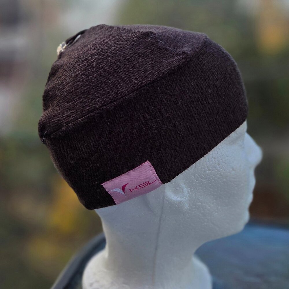 Women's Dark Brown Knit Beanie with Pink Logo Tag